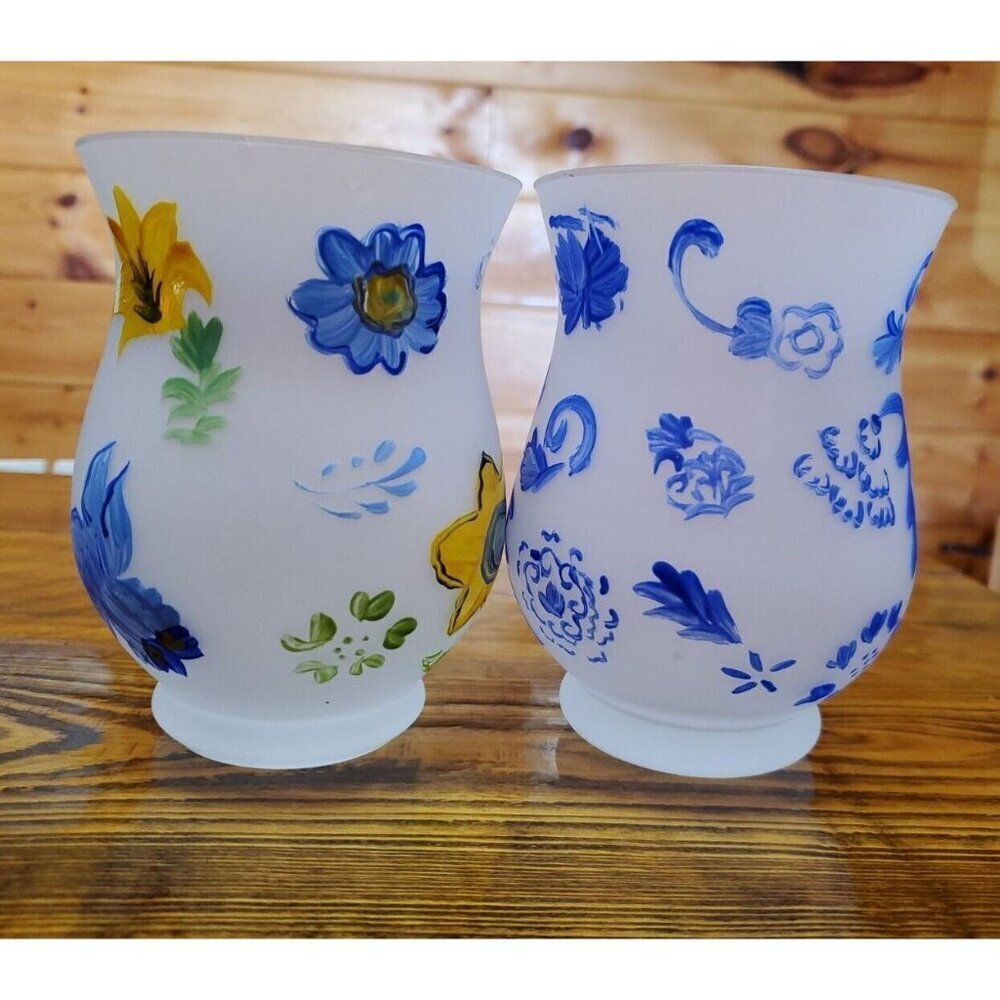 Lot of 2 Hallmark Hurricane Candle Holders Set Votive Blue Yellow In box